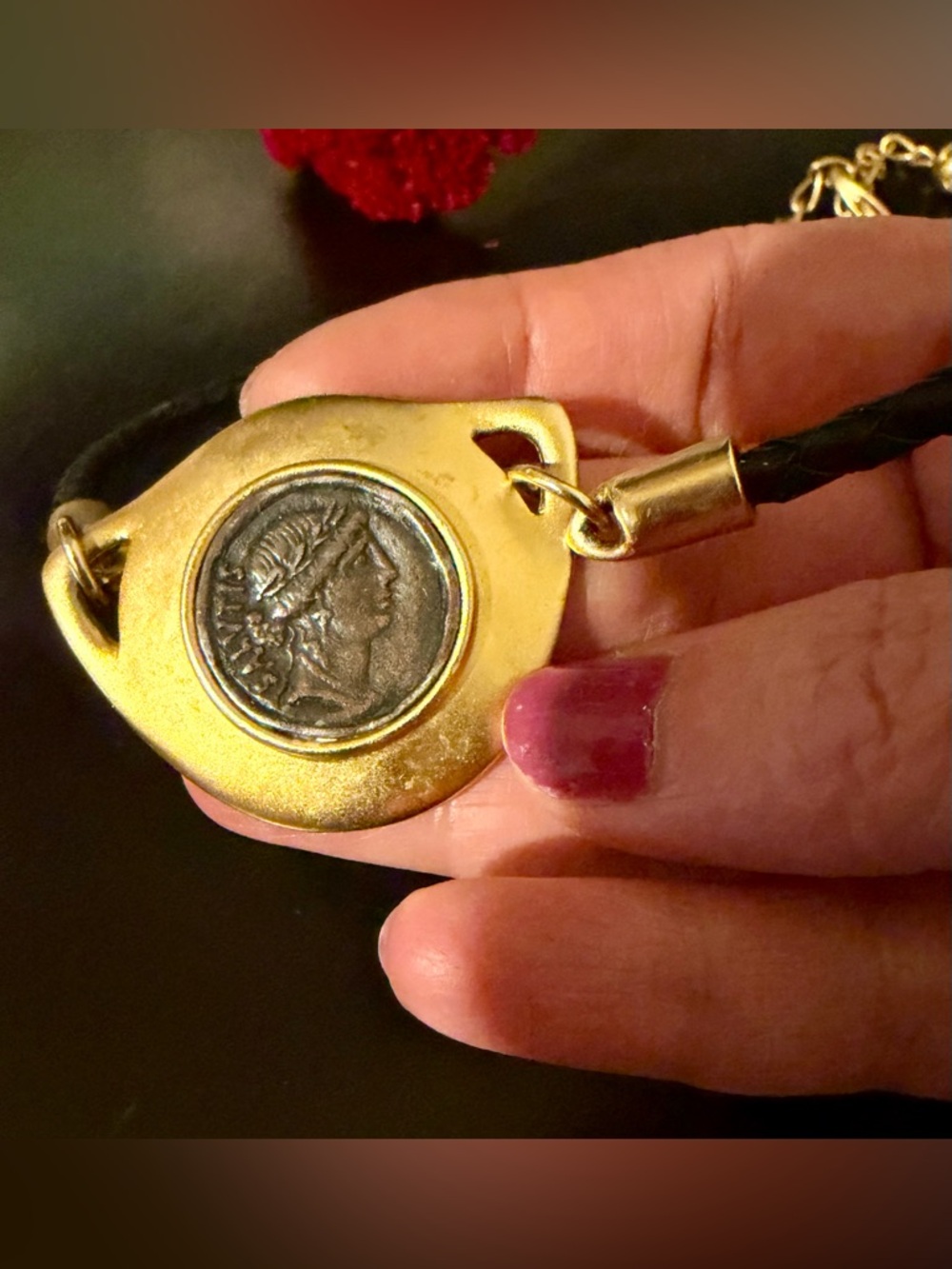 Vintage Gold-Tone  Ancient Coin Medallion Leather Cord Necklace - Black - Picture 5 of 11